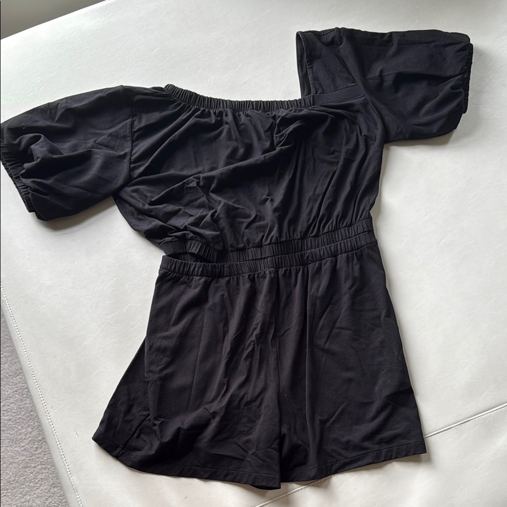 Black Cuyana Asymmetrical Shorts Romper